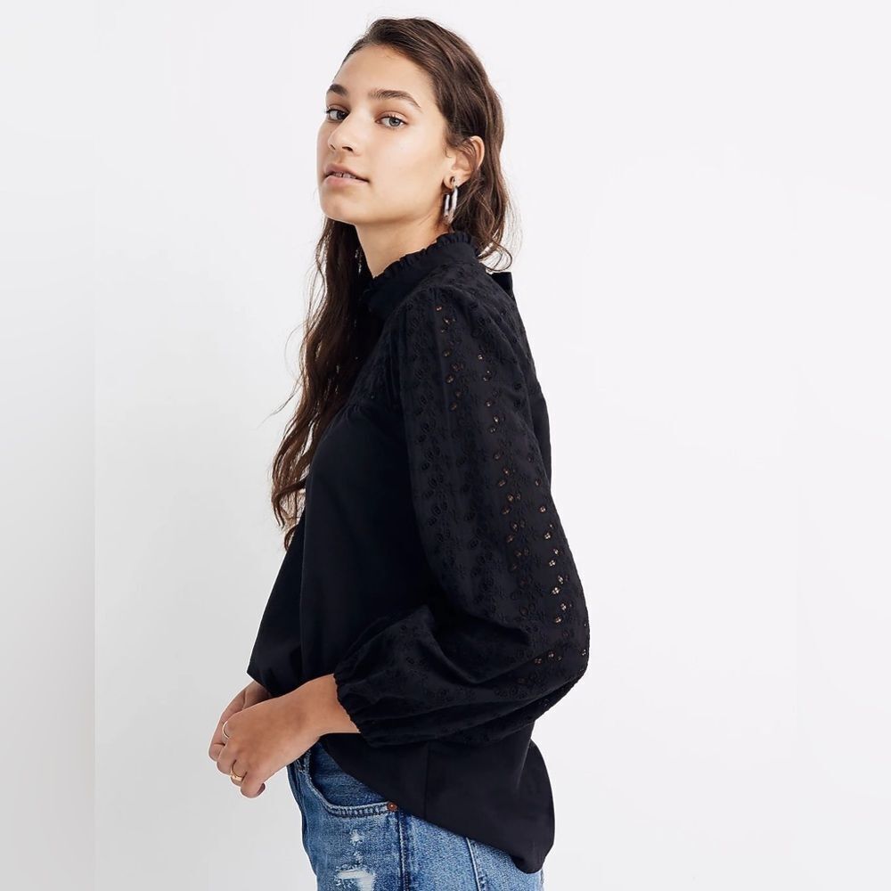Pieced Eyelet Mockneck Ruffle Top